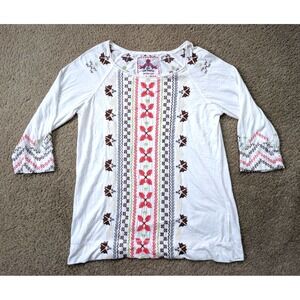Johnny Was Blouse Womens Large Embroidered Tunic White 3/4 Sleeve